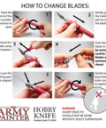 Step-by-step guide to changing blades on Pro Grade Precision Hobby Knife with Soft Grip Stainless Steel Blade Five Extra Blades Craft Knife Set For Metal And Plastic Miniatures Mold Line Remover And Detail Tool For Model Building.