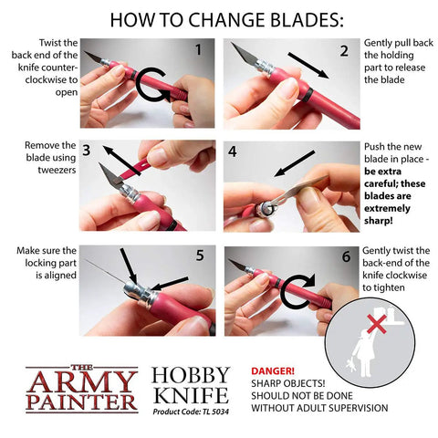 Step-by-step guide to changing blades on Pro Grade Precision Hobby Knife with Soft Grip Stainless Steel Blade Five Extra Blades Craft Knife Set For Metal And Plastic Miniatures Mold Line Remover And Detail Tool For Model Building.