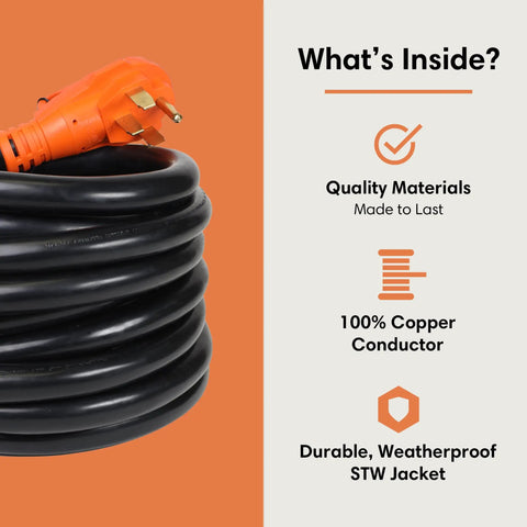 Heavy Duty 50 Amp Locking Extension Cord 25 Foot Black Beefed Up Industrial Grade Power Cable with orange connector and details