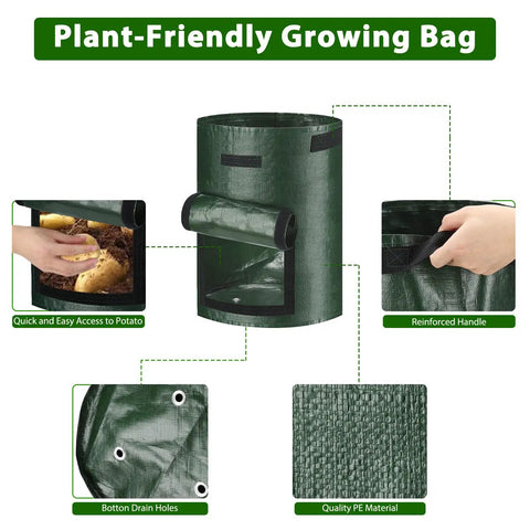4 Pack 10 Gallon Grow Bags With Flap And Handles For Vegetables And Fruits Durable PE Planter Pots For Potatoes Onions Tomatoes And Carrots Ventilated Sides And Bottom Easy Check Window Green, showing features and use.