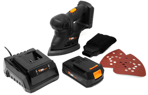 Cordless Palm Sander With 20V Max 2.0Ah Battery And Charger, Angled Nose For Tight Corners, 5 By 3.75 Inch Pad, Dual Grip, Model 20401, Black