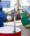 Person using 55 Gallon Drum Pump Heavy Duty Aluminum Manual Barrel Pump For Easy Oil Transfer with green container