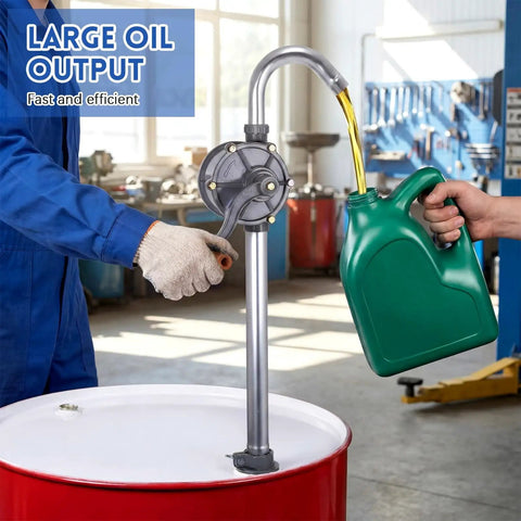 Person using 55 Gallon Drum Pump Heavy Duty Aluminum Manual Barrel Pump For Easy Oil Transfer with green container