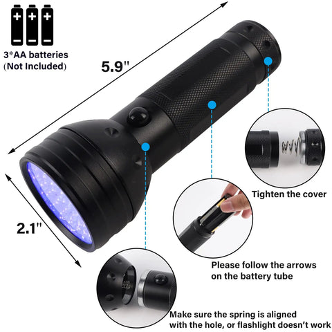 UV Black Light Flashlight Three Pack With 51 LEDs 395nm for Pet Urine Detection, 5.9 x 2.1 inches, battery details shown