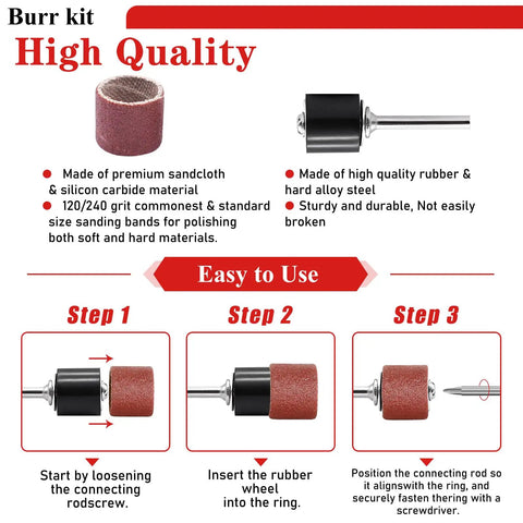 High quality burr kit with silicone carbide sanding bands, showing steps for easy use with Dremel tools.