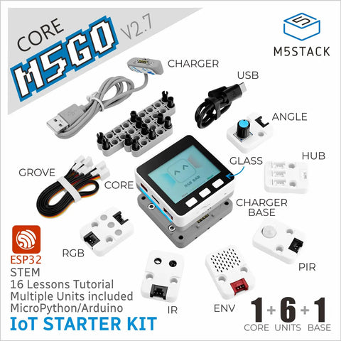 IoT Starter Kit With Core Controller And Six Expansion Modules V2.7 M5GO Edition, featuring ESP32 controller and sensors.