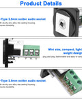 Front and side view of D Type Three Point Five Millimeter Three Pole Stereo Audio Terminal Block Connector Solderless Screw Terminal Panel Mount Adapter For One Eighth Inch TRS Female To Three Pin Balum Converter Pack Of Two with zinc alloy housing