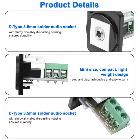 Front and side view of D Type Three Point Five Millimeter Three Pole Stereo Audio Terminal Block Connector Solderless Screw Terminal Panel Mount Adapter For One Eighth Inch TRS Female To Three Pin Balum Converter Pack Of Two with zinc alloy housing