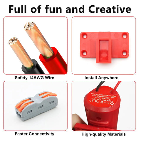Milwaukee M12 12V Battery Adapter Converter Kit with Wire Terminals and 14 AWG Wires in red showing various features.