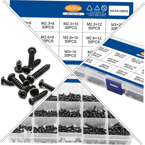 450 Piece Black PA Cross Head Round Self Tapping Screws Kit For Electronics And Furniture Repairs Miniature Screws Set
