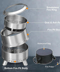 Diagram of a smokeless outdoor fire pit with waterproof bag, showing fire ring, grat & ash pan, and other components.
