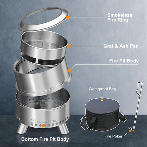 Diagram of a smokeless outdoor fire pit with waterproof bag, showing fire ring, grat & ash pan, and other components.
