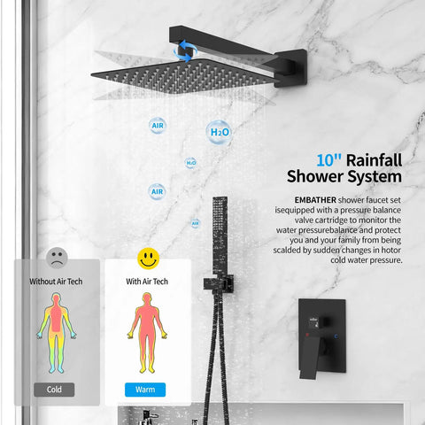 Black Overhead Rain Shower System With 10 Inch Rain Head And Handheld Luxury Valve Mixer shown with air technology feature