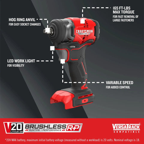 Bare Cordless Three Eighths Inch Drive Impact Wrench 165 Ft Lbs Max Torque Hog Ring Anvil Variable Speed Trigger LED Light