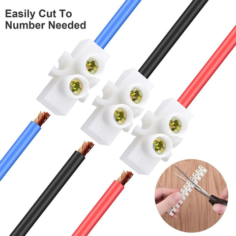 10 Or 20 Pack 12-Position Dual Row Screw Terminal Block Kit For Small Home Projects And Electrical Wiring, shown with wires connected and cutting tool.
