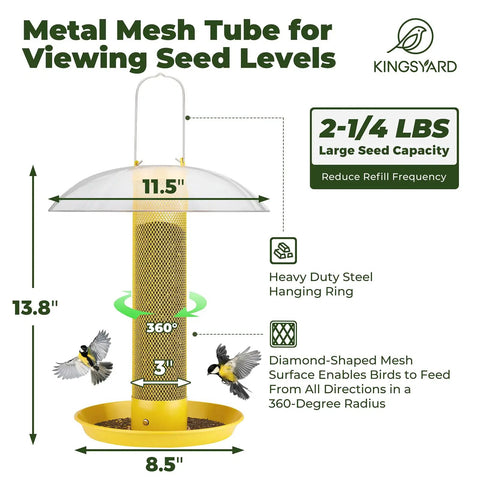 Outdoor Finch Bird Feeder Tube With Rainproof Dome Metal Mesh For Nyjer Thistle Seed No Mess 2.5 Lb Capacity Large Removable Tray Easy Hang Mount Weatherproof Yellow Design
