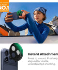 Woman using Slick Snap On CPL Filter for iPhone 17 Pro Max, gimbal-ready polarizing lens for stable and clear outdoor photos.