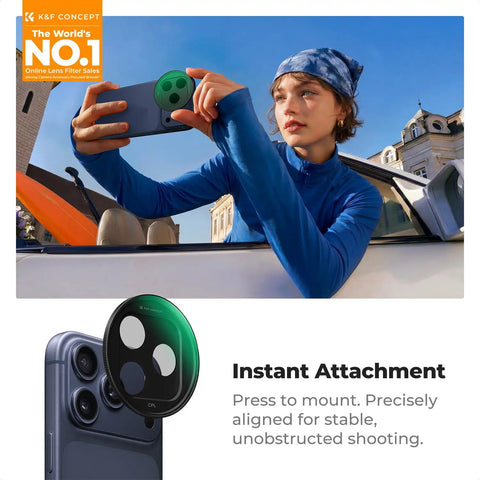 Woman using Slick Snap On CPL Filter for iPhone 17 Pro Max, gimbal-ready polarizing lens for stable and clear outdoor photos.
