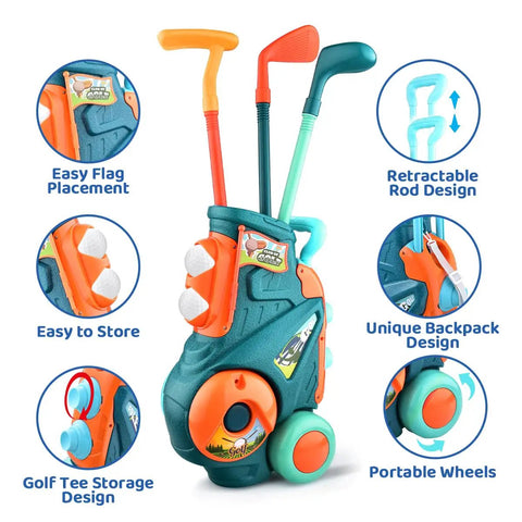 Toddler Golf Set With Putting Mat And Mini Golf Cart For Indoor And Outdoor Fun Lefty Friendly Putter And Iron visible with features