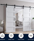 Installed Double 32x84 White Barn Door With 11ft Sliding Door Hardware Kit, 5 Panel MDF Slab, visible from living room