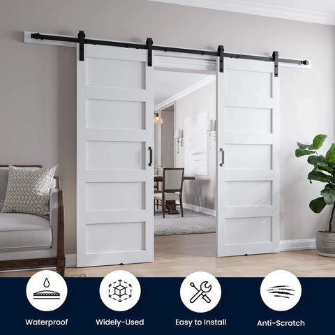 Installed Double 32x84 White Barn Door With 11ft Sliding Door Hardware Kit, 5 Panel MDF Slab, visible from living room