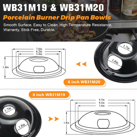 Porcelain Drip Pans 4 Pack for GE Hotpoint Range Cooktop Includes Three 6 Inch Pans And One 8 Inch Pan Black Measurement Diagram