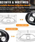 Porcelain Drip Pan Set For GE Hotpoint Electric Range Cooktop, 4 Pack With size details and spill proof design illustration.