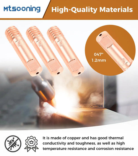 Premium 29 Pc Mig Welder Consumable Set Featuring Contact Tips Gun Nozzles Diffusers For Mb15 Torch showing .047" tips, copper material, and high conductivity.