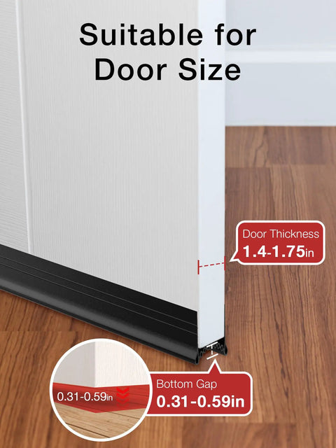 Kick Those Drafts Hella Durable Silicone Door Draft Stopper 39 Inch Under Door Seal showing door thickness and bottom gap details.