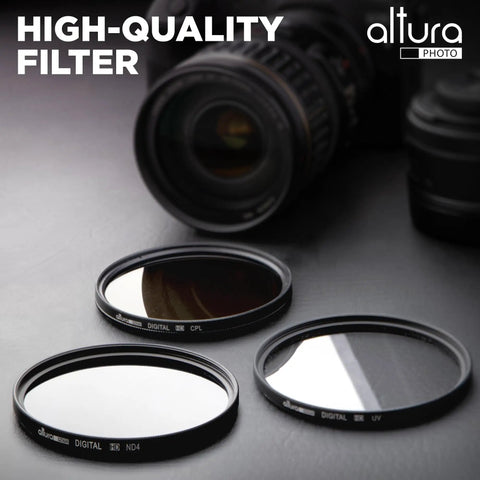 58mm lens filter kit with UV protector CPL polarizer and ND4 pro grade neutral density filters plus padded case for camera lenses