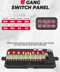 8 Gang Switch Panel with Enhanced Sensitivity, LED touch control, showing wiring circuit positions and amperage ratings.