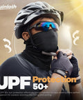 Person wearing Six Pack Neck Gaiter Face Mask Bandana For Outdoor Adventures, Cycling, Black Tube Mask with helmet and gloves