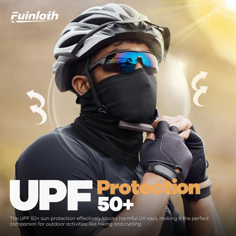 Person wearing Six Pack Neck Gaiter Face Mask Bandana For Outdoor Adventures, Cycling, Black Tube Mask with helmet and gloves