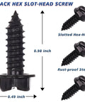 Killer Black License Plate Screws 8 Pack Anti Rattle Bolts With Rust Proof Hex Head Finish Quarter By Three Quarter Inch Self Tapping Auto Hardware Kit showing hex slot-head screws with size details.