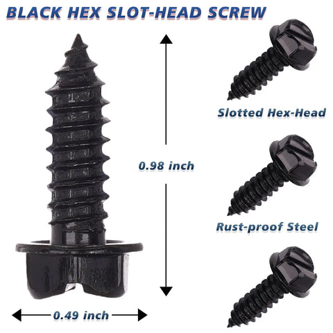 Rustproof License Plate Screws Heavy Duty Bulk Pack 100 Pcs With Anti Rattle Bolts For Front And Rear Plates Eco Friendly Lead Free Nickel Free Domestic Vehicle Fits, black hex slot-head screws details and dimensions