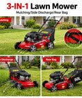 18 Inch Self Propelled Gas Lawn Mower With 131cc DV Engine 8 Cutting Heights Rear Wheel Drive Push Walk Behind 3 In 1 Mulching Side Discharge And Rear Bag Perfect For Yards And Landscaping On Hills And Rough Terrain, 3-in-1 mowing modes