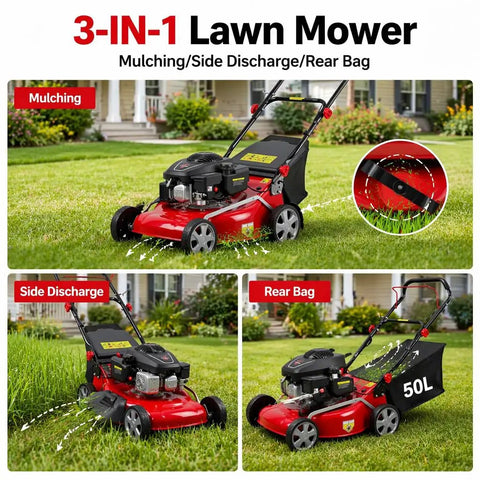 18 Inch Self Propelled Gas Lawn Mower With 131cc DV Engine 8 Cutting Heights Rear Wheel Drive Push Walk Behind 3 In 1 Mulching Side Discharge And Rear Bag Perfect For Yards And Landscaping On Hills And Rough Terrain, 3-in-1 mowing modes
