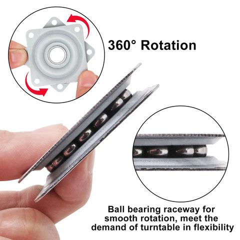 Boss Level 2 Inch Square Lazy Susan Turntable Bearings, 5 Pack Galvanized Steel Swivel Plates, showcasing smooth rotation mechanism.