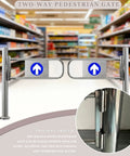 Rock Solid Stainless Steel Two Way Swing Gate With Smooth Operator Action Built Like A Tank For Busy Warehouses Or Driveways Hella Durable 180 Degree Pivot Post Mount Ready in a grocery aisle.