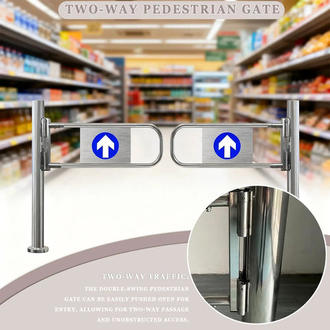 Rock Solid Stainless Steel Two Way Swing Gate With Smooth Operator Action Built Like A Tank For Busy Warehouses Or Driveways Hella Durable 180 Degree Pivot Post Mount Ready in a grocery aisle.