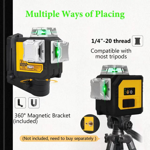 12 Line 3D Laser Level With 360 Degree Green Cross Lines For Picture Hanging And Construction Auto Self Leveling show