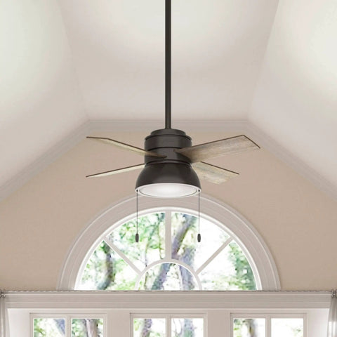 Viola Brushed Nickel Ceiling Fan with LED Light Kit and Pull Chain 52 inch, mounted in vaulted living room ceiling