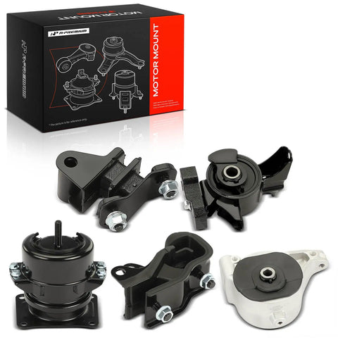 Honda Ridgeline 2006 2008 Complete Engine And Transmission Mount Kit Set Of Five components, black motor mounts with bolts.