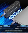 Blazing Fast 40Gbps USB4 NVMe SSD Enclosure For 2280 And 2230 Drives showing adapter connected to laptop with data speed details.