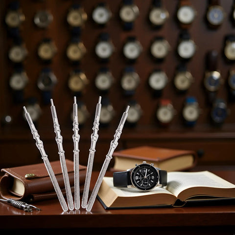 Five Piece Silver Steel Watch Stem Crown Kit For NH35 NH36 NH38 NH39 Movements with watch and books in background