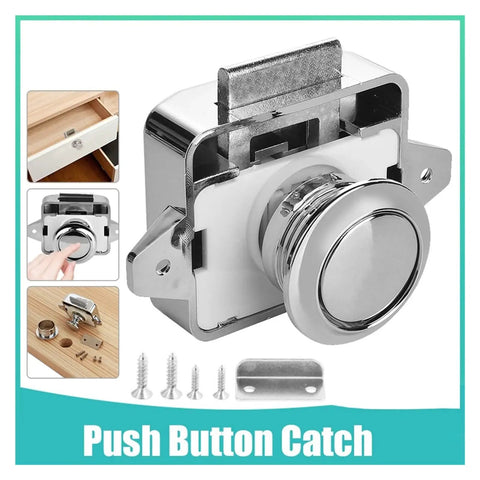 Close-up of Push Button Latch Kit 10 Pack Easy Install Push Button Catch Lock For Cupboard Doors Marine Camper Caravan Motorhome Boat Storage Cabinets
