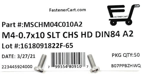Top Shelf M4 Din84 0.70mm Stainless Steel Machine Screws With Slotted Cheese Heads on packaging with part and lot numbers.