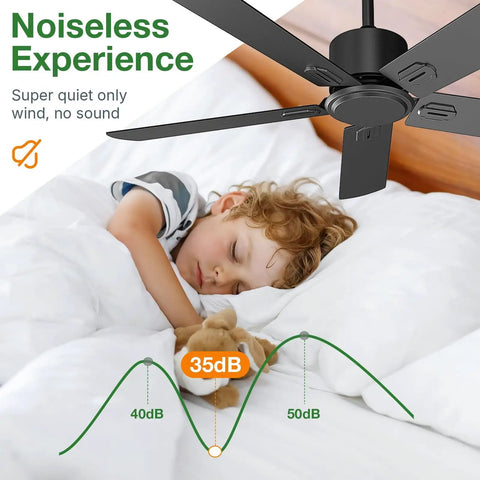 52 Inch Black Outdoor Flush Mount Ceiling Fan With Remote Control No Light, 5 Blades, 6 Speed DC Motor installed above sleeping child