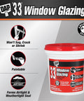 DAP '33' Window Glazing 16 oz container with features like airtight seal, paintable, no sagging or cracking, for wood and metal sash.