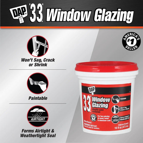 DAP '33' Window Glazing 16 oz container with features like airtight seal, paintable, no sagging or cracking, for wood and metal sash.